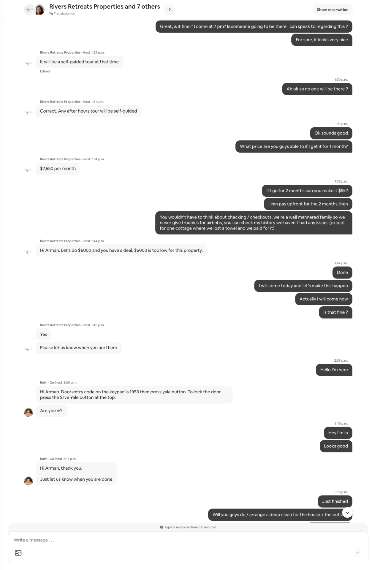 Airbnb message thread screenshot 1: Booking negotiation & self-guided check-in