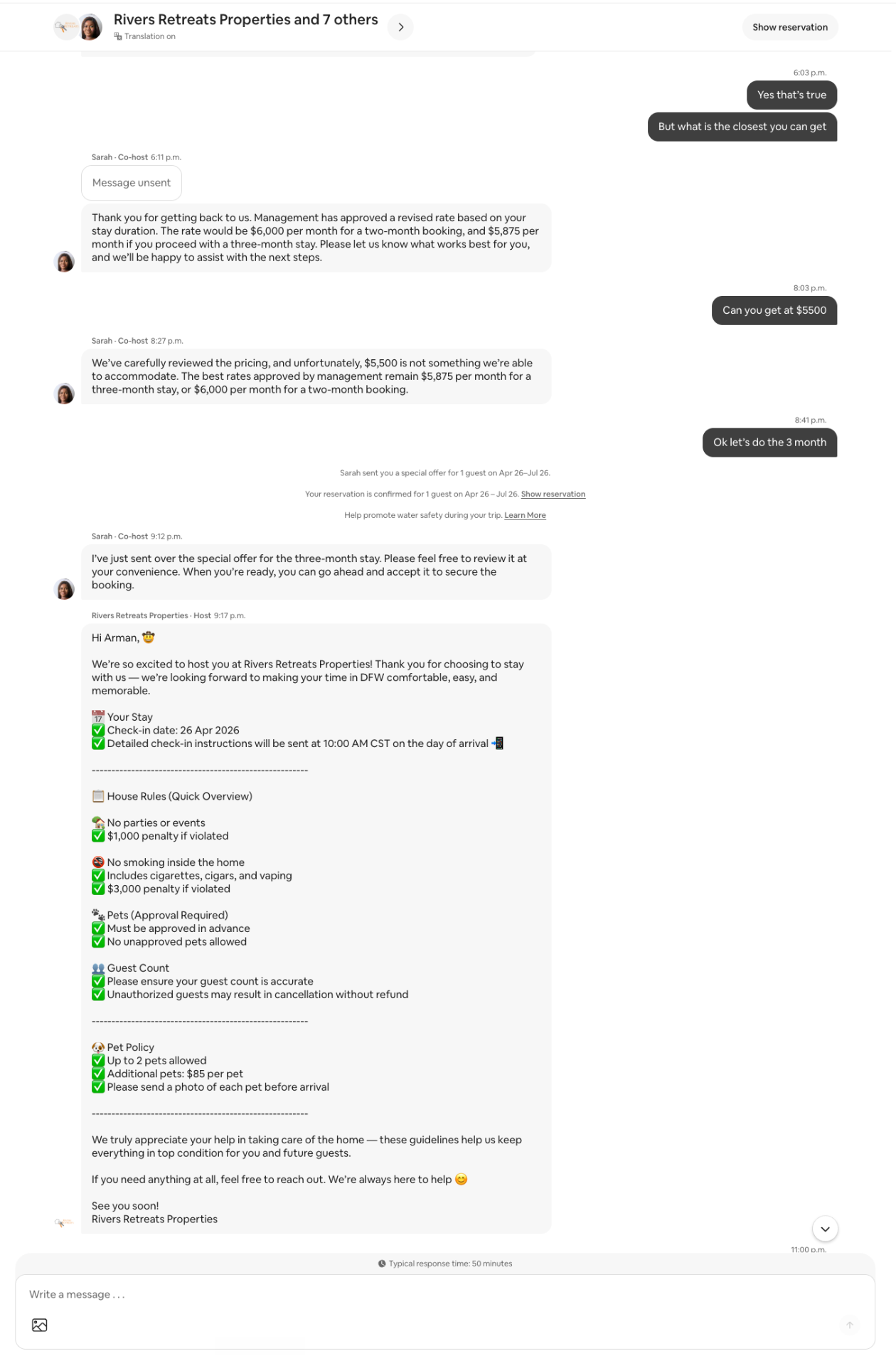 Airbnb message thread screenshot 2: Three-month booking confirmed at $5,875/month