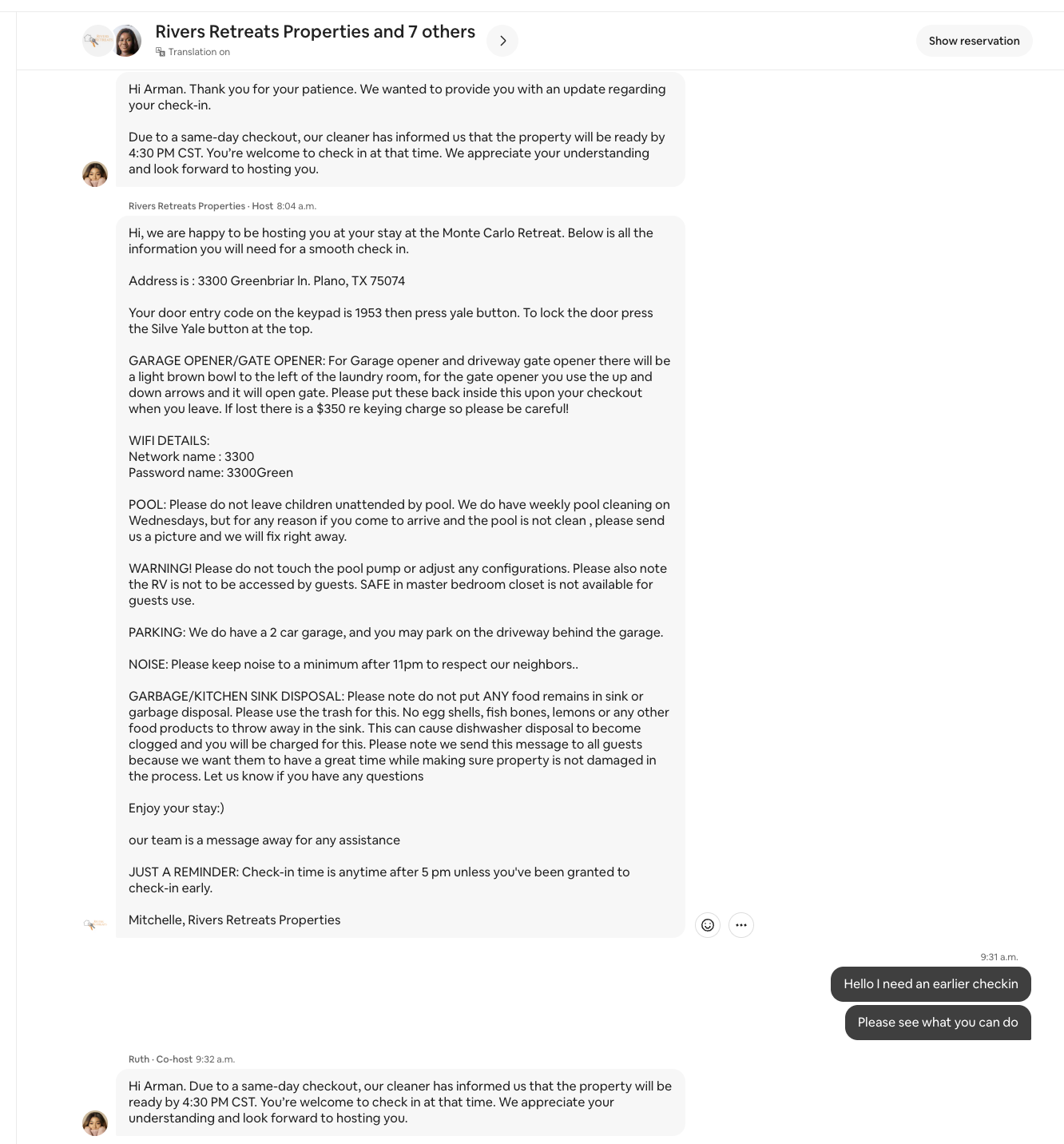 Airbnb message thread screenshot 3: Official check-in instructions for 3300 Greenbriar Ln