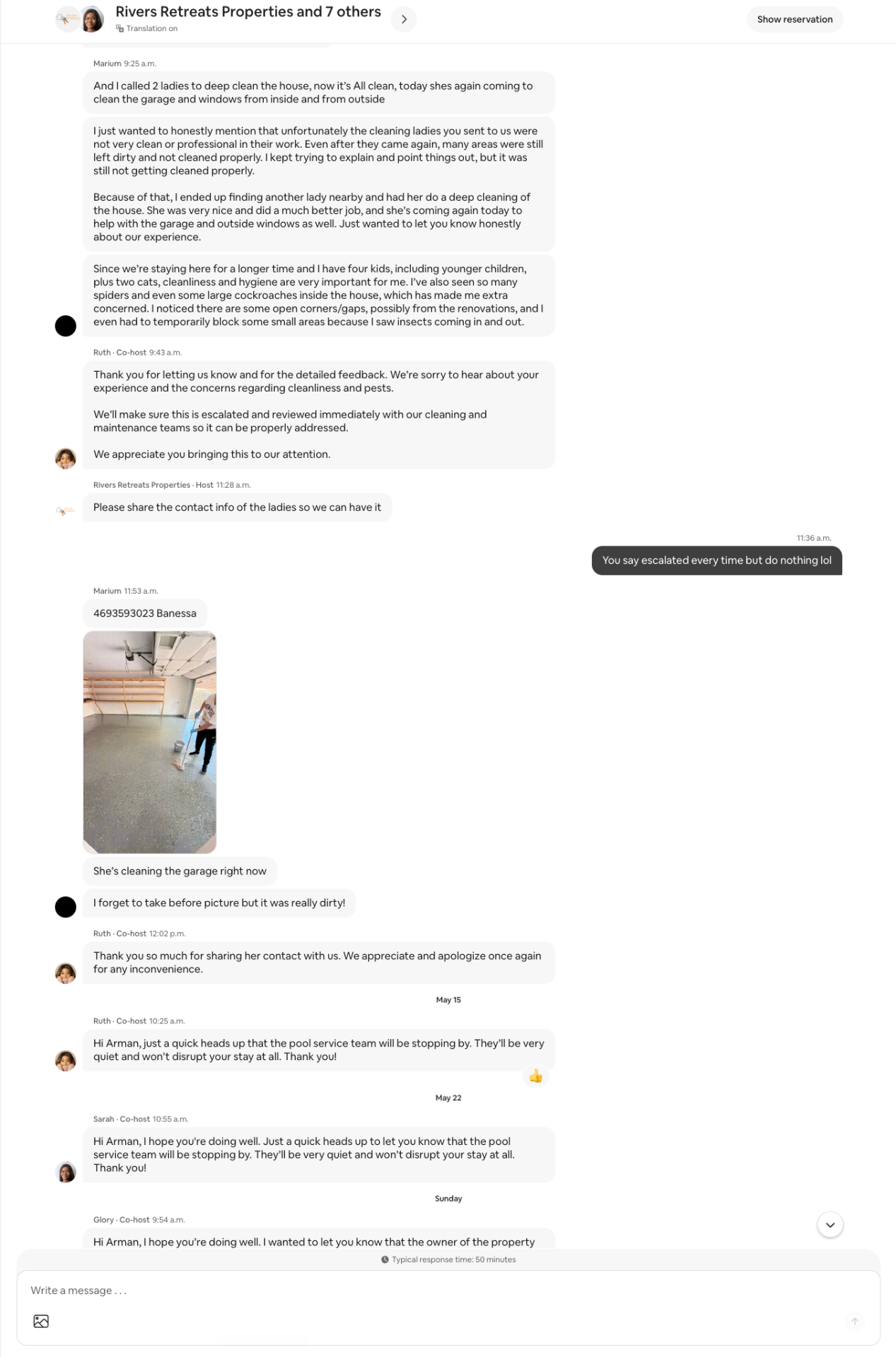 Airbnb message thread screenshot 5: Cleaning escalations, pests, and outside cleaner hired