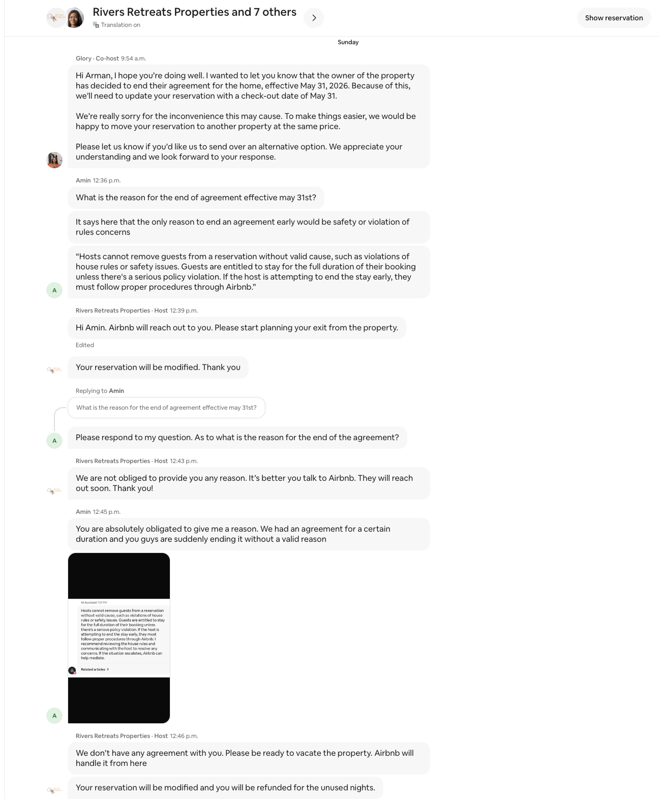 Airbnb message thread screenshot 6: 7-day notice to vacate — "owner ended agreement"