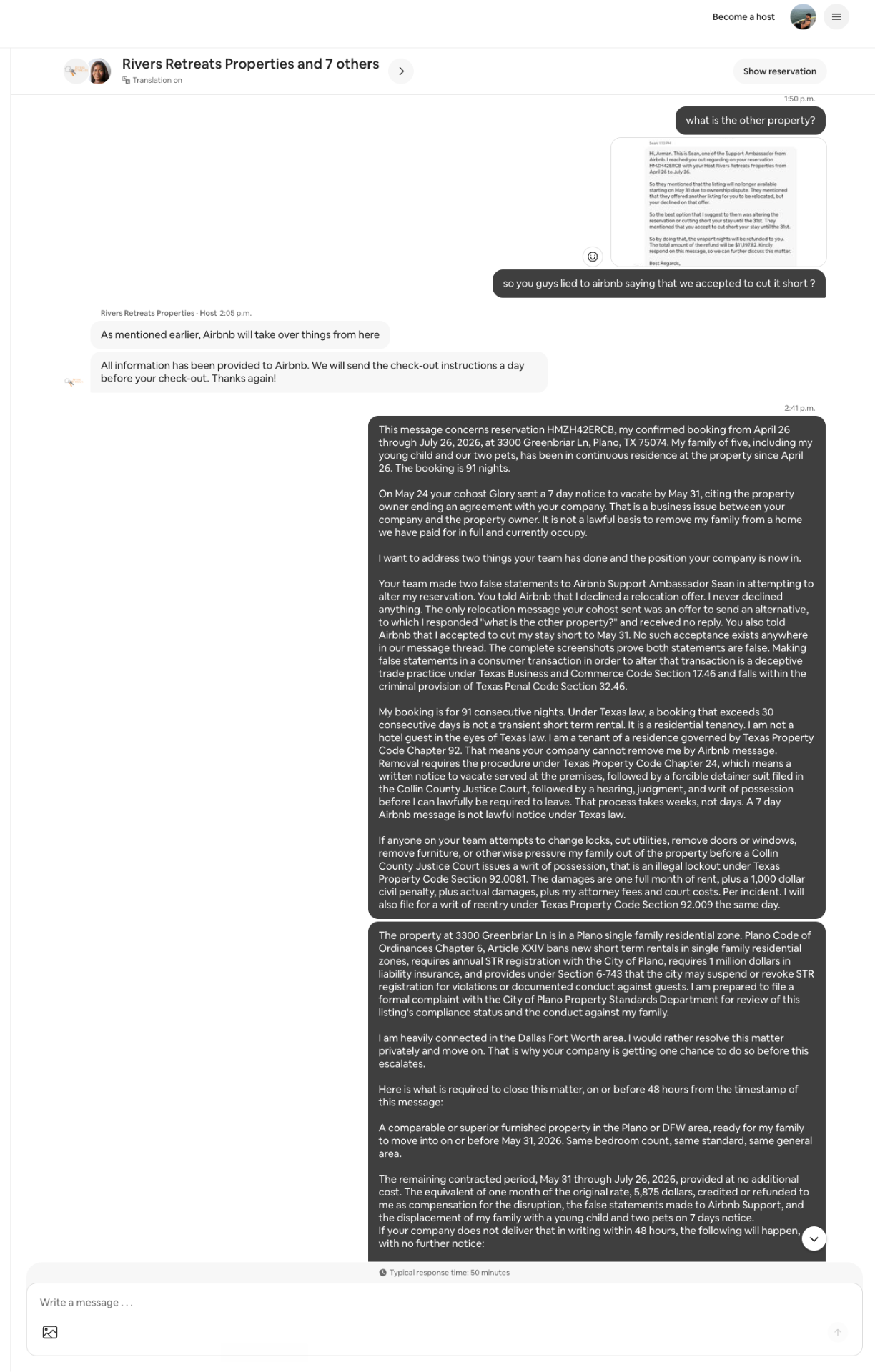 Airbnb message thread screenshot 7: Texas Property Code 92 & Plano STR ordinance cited