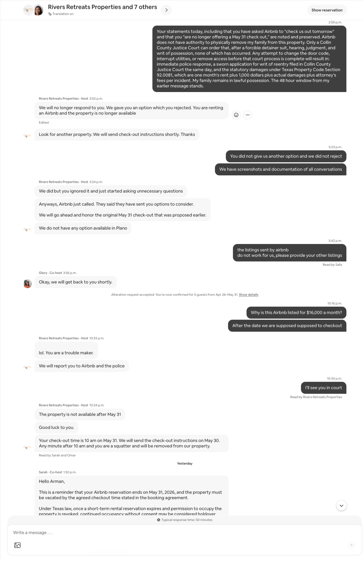 Airbnb message thread screenshot 8: "Trouble maker," "squatter," and same-property relisted at $16k/mo